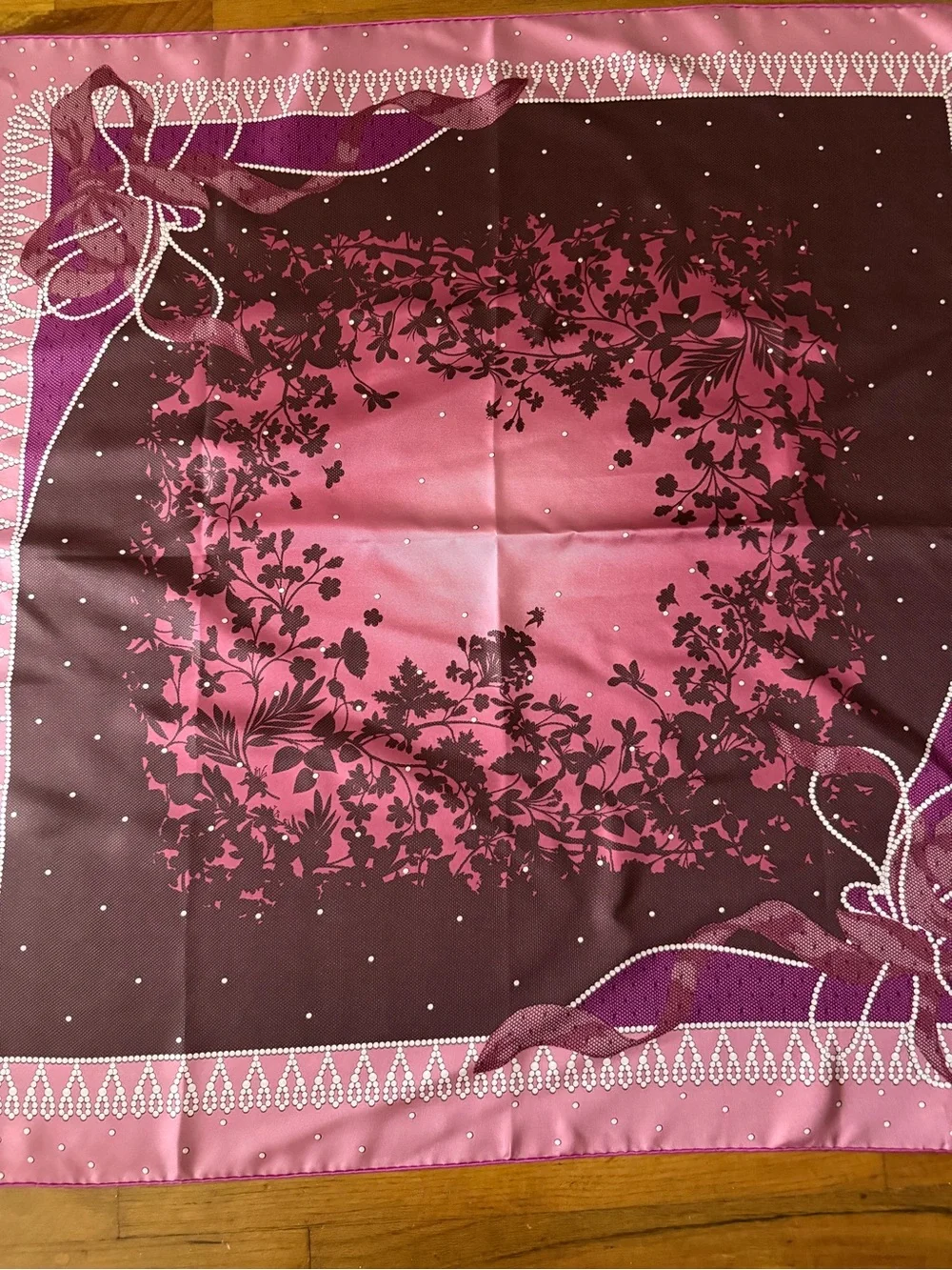 Nina Ricci Pink and Plum Floral Border Silk Square Scarf.